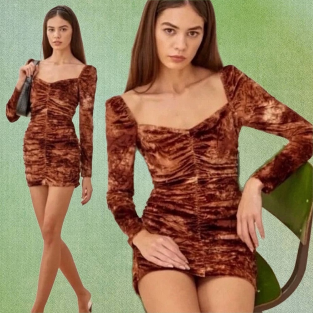 reformation • heath dress in copper marble brown velvet s
